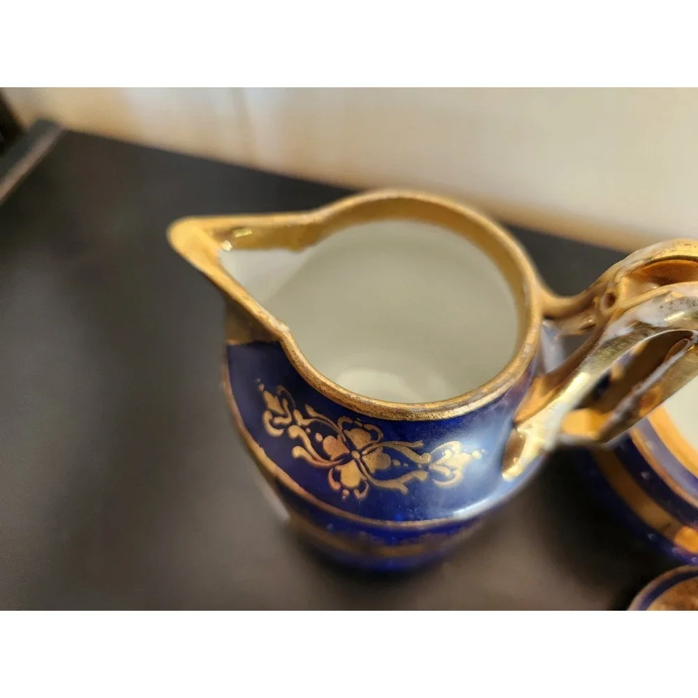 Antique Meissan Cobalt Gold‎ Grand Pictorial Romantic Couple Creamer + Sugar Set